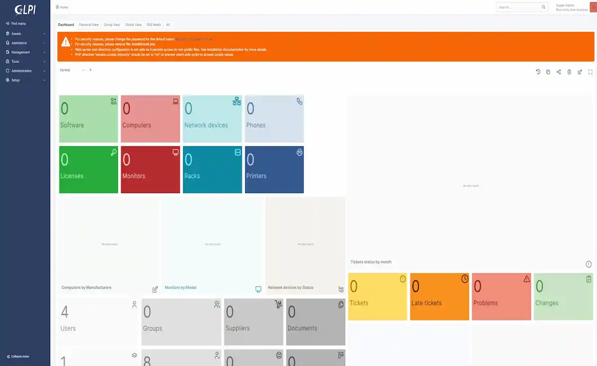 Sistem Kuşu GLPI rehberi finali; kurulum sonrası erişilen ana yönetim paneli (dashboard) ve güvenlik uyarılarının yer aldığı turuncu bilgilendirme bandı.