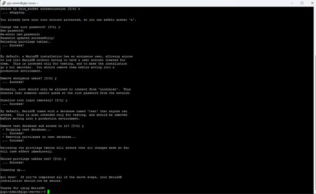 Sistem Kuşu MariaDB rehberi; mysql_secure_installation aşamasında sorulan güvenlik soruları ve tavsiye edilen evet/hayır (Y/n) cevaplarının terminal görünümü.