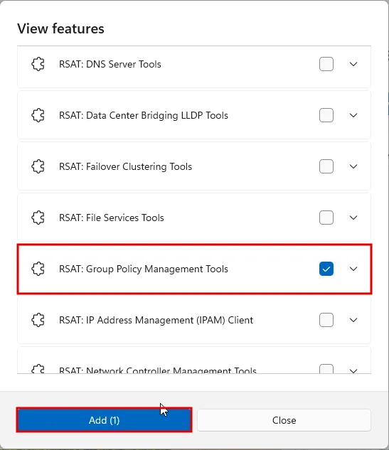 View features penceresinde RSAT bileşenleri listesi: RSAT: Group Policy Management Tools satırı işaretli ve Add (1) düğmesi kırmızı çerçevede
