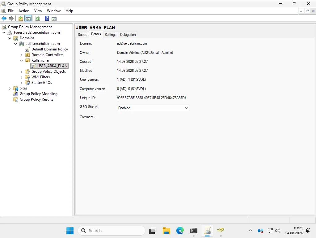 Windows'taki Group Policy Management Console'da ad2.sercebilisim.com forest'i ve samba-tool ile kurulmuş USER_ARKA_PLAN ilkesinin Details sekmesi: User version 1 (AD), 1 (SYSVOL)