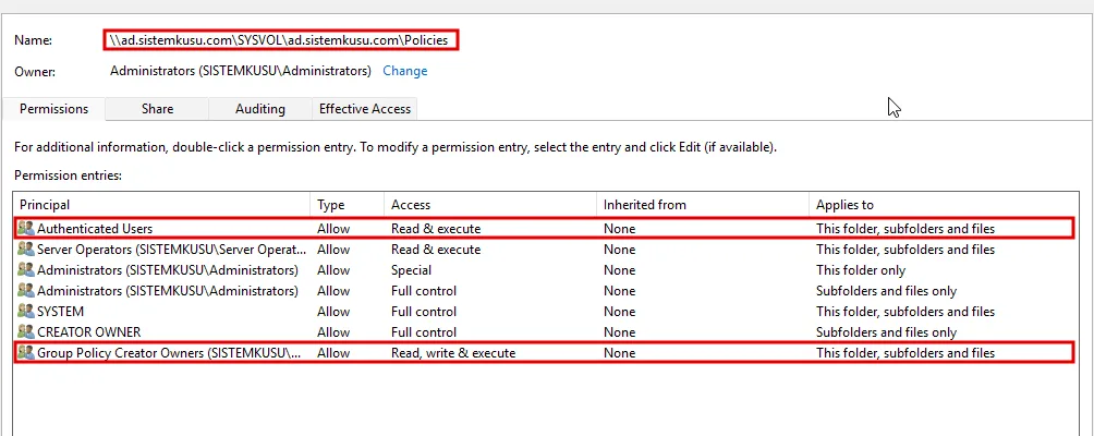 Policies klasörünün Advanced Security Settings penceresi: Name satırında ad.sistemkusu.com SYSVOL yolu, Authenticated Users için Read and execute ve Group Policy Creator Owners için Read, write and execute satırları kırmızı çerçevede