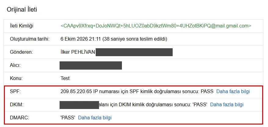 Gmail'in Orijinal İleti sayfasındaki özet tablosu: SPF, DKIM ve DMARC satırları kırmızı çerçeveli ve üçünün sonucu PASS, adresler ve alan adı gri bantla gizli