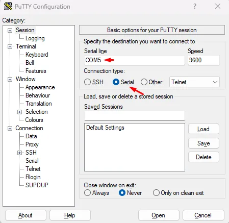 PuTTY Session ekranı: Connection type olarak Serial seçili, Serial line alanında COM5, Speed alanında 9600