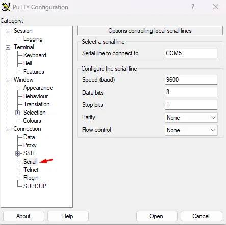 PuTTY Connection altındaki Serial ekranı: COM5, 9600, Data bits 8, Stop bits 1, Parity None, Flow control None