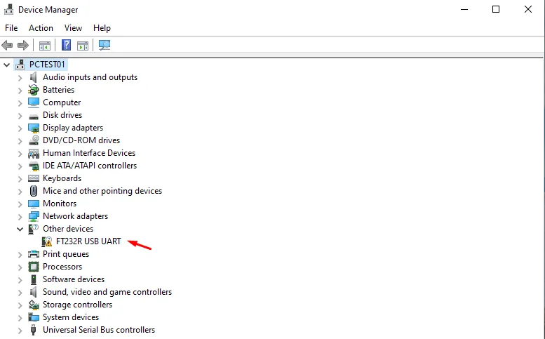 Device Manager: Ports (COM & LPT) başlığı yok, konsol kablosu Other devices altında sarı uyarı işaretiyle duruyor