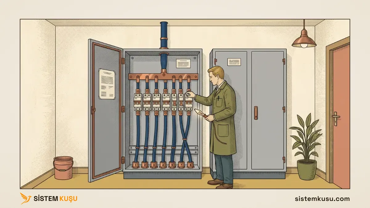 Bir binanın elektrik dağıtım panosunu kurumsal switch ve router altyapısına benzeten illüstrasyon