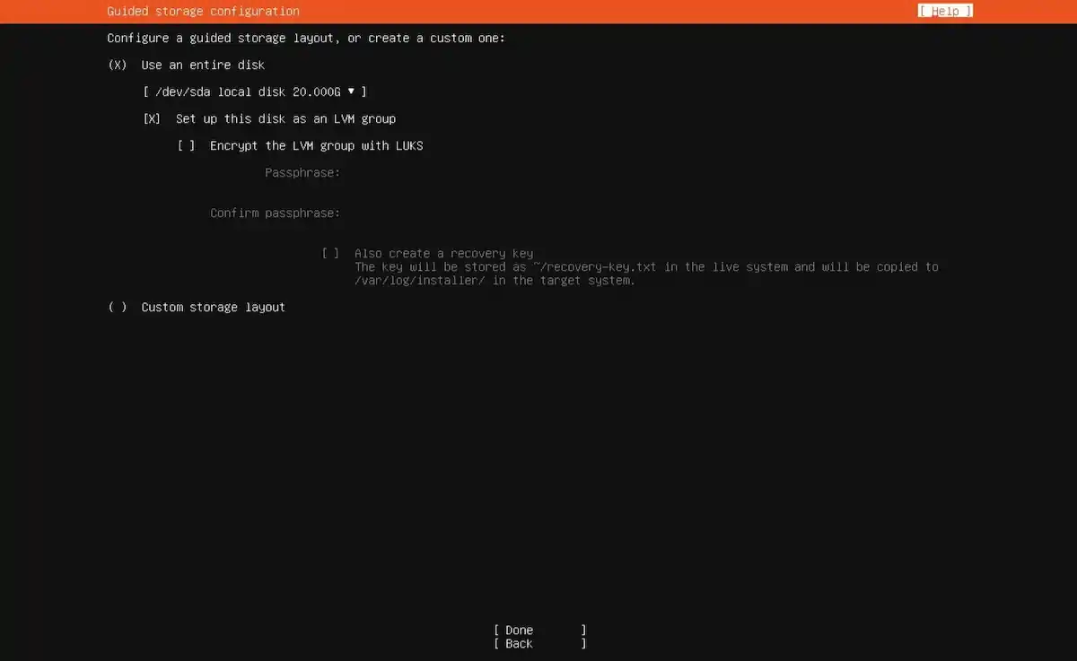 Sistem Kuşu Ubuntu Server kurulum rehberi; Storage configuration ekranında FILE SYSTEM SUMMARY tablosu, disk bölümleri (boot, root) ve bağlama noktalarının (mount points) gösterilmesi.