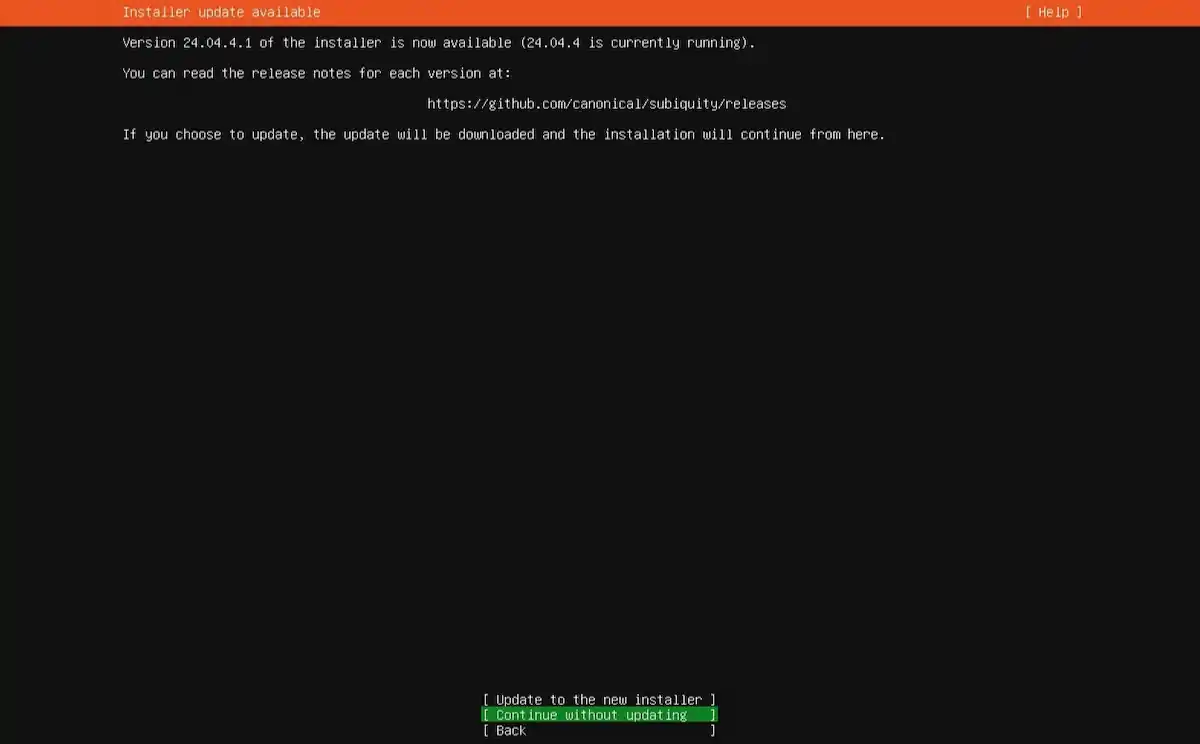 Sistem Kuşu Ubuntu Server kurulum rehberi; Installer Update ekranında güncel yükleyici kontrolü ve sürüm seçimi aşaması.