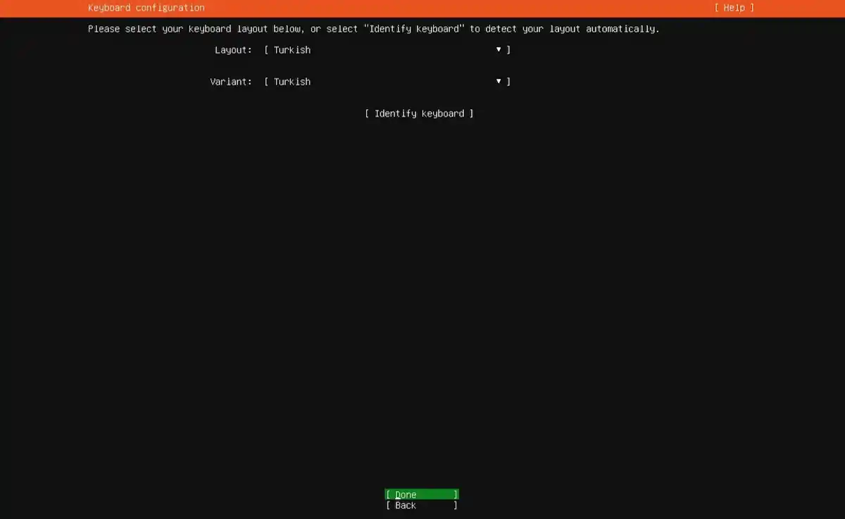 Sistem Kuşu Ubuntu Server kurulum rehberi; klavye yapılandırma ekranında Layout ve Variant seçeneklerinin 'Turkish' olarak ayarlanması.