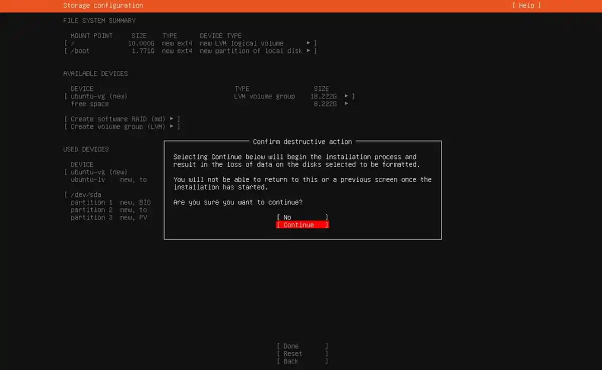 Sistem Kuşu Ubuntu Server kurulum rehberi; 'Confirm destructive action' uyarı penceresi ve kurulum işlemini başlatan 'Continue' seçeneğinin işaretlenmesi.