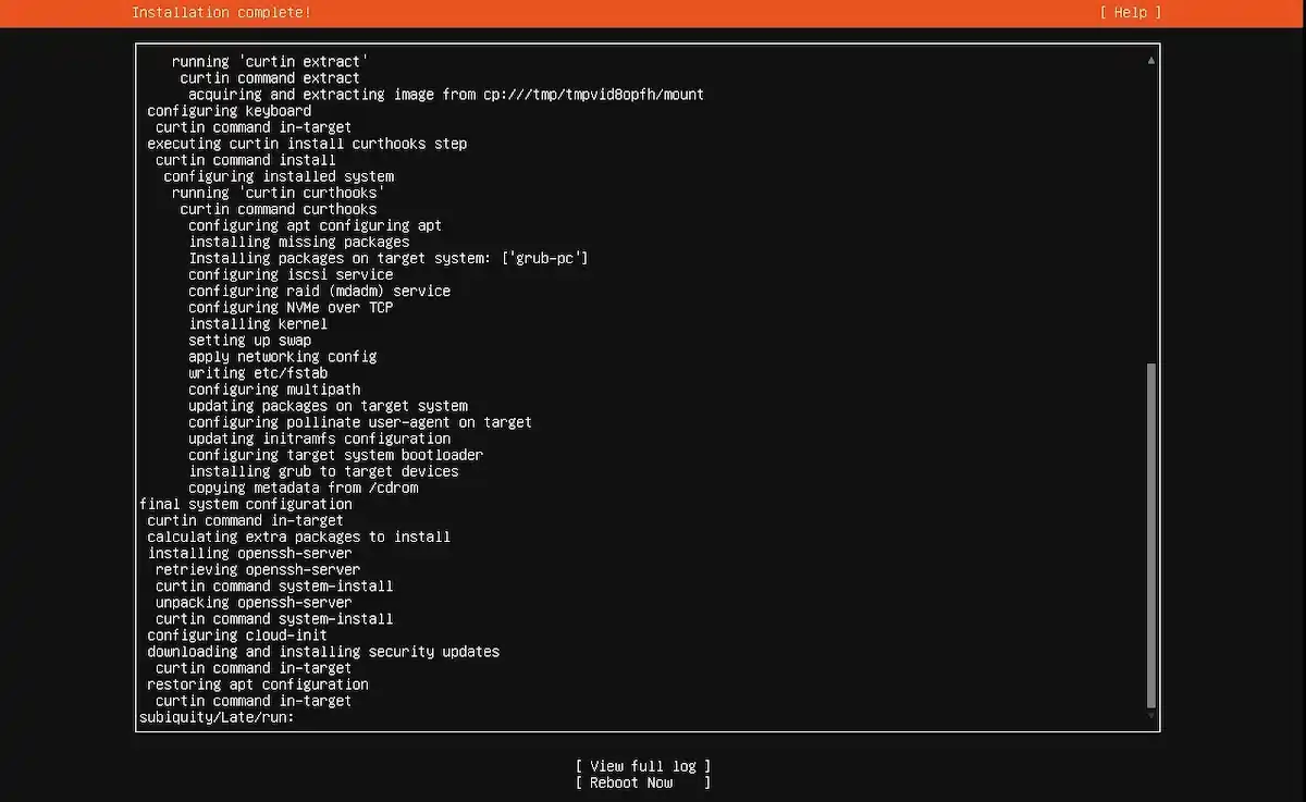 Sistem Kuşu Ubuntu Server kurulum rehberi; 'Installation complete!' mesajı ve sistemin yeniden başlatılması için 'Reboot Now' seçeneğinin gösterildiği final ekranı.