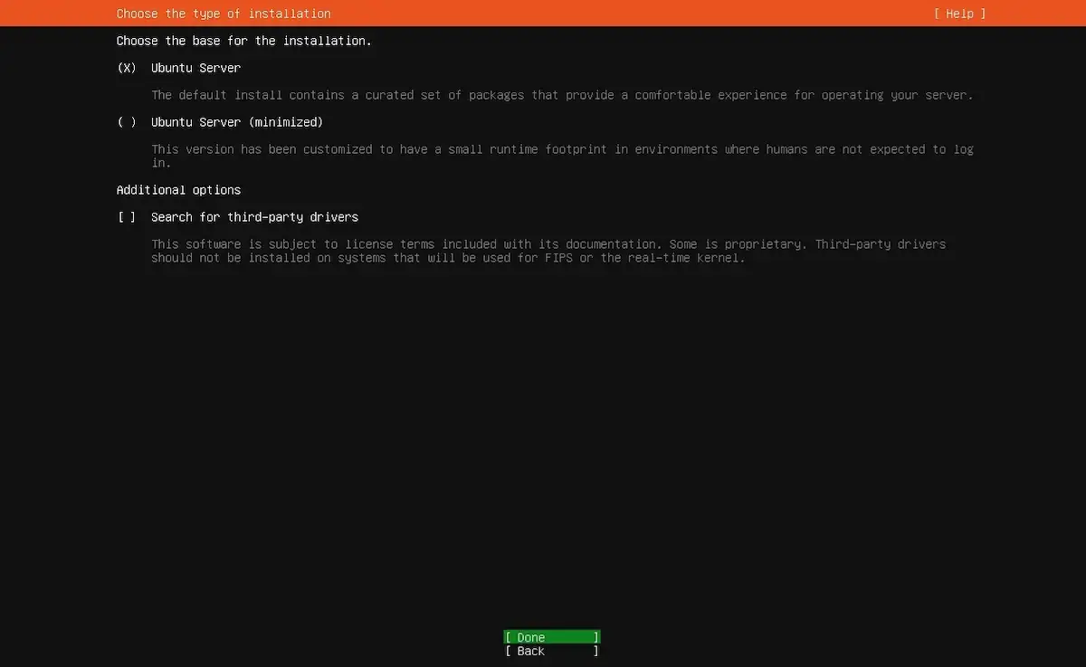 Sistem Kuşu Ubuntu Server kurulum rehberi; 'Choose the type of installation' ekranında 'Ubuntu Server' ve 'Ubuntu Server (minimized)' seçeneklerinin gösterilmesi.