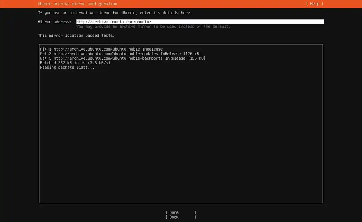 Sistem Kuşu Ubuntu Server kurulum rehberi; Configure Ubuntu archive mirror ekranında Türkiye sunucusu (tr.archive.ubuntu.com) seçim aşaması.