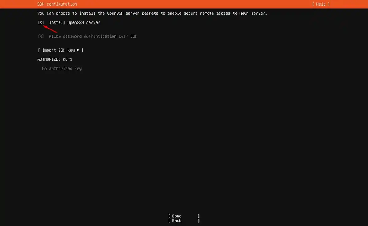Sistem Kuşu Ubuntu Server kurulum rehberi; SSH Setup ekranında 'Install OpenSSH server' seçeneğinin işaretlenmesi ve uzaktan erişim yapılandırması.