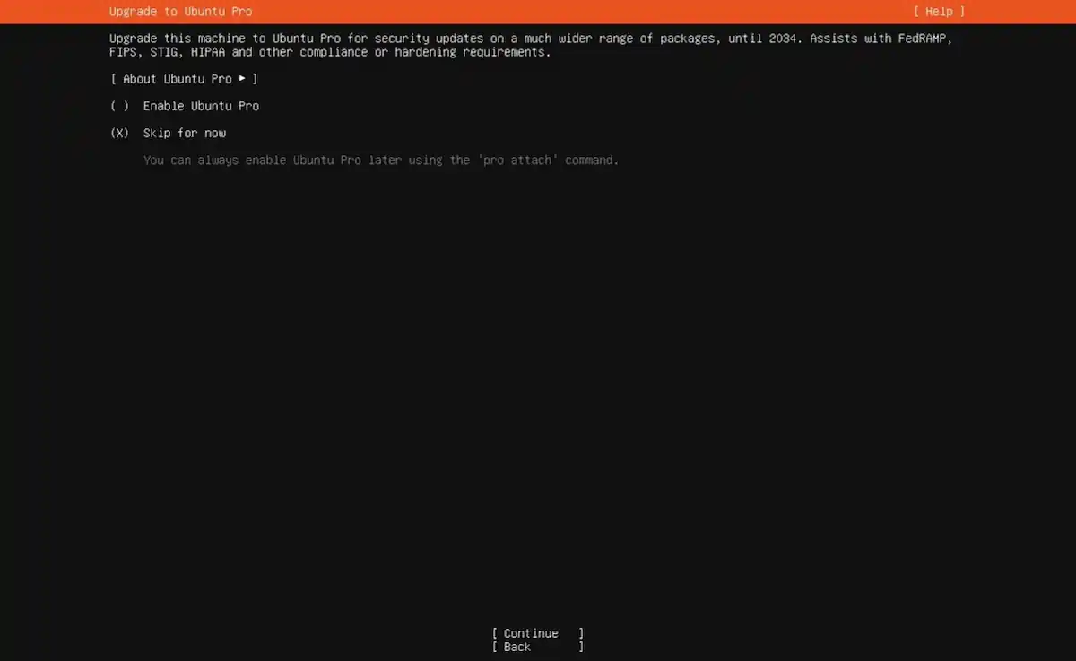 Sistem Kuşu Ubuntu Server kurulumu; Ubuntu Pro avantajlarının (güvenlik güncellemeleri, 10 yıl destek) tanıtıldığı ve kişisel kullanım için ücretsiz seçenek sunan etkinleştirme ekranı.