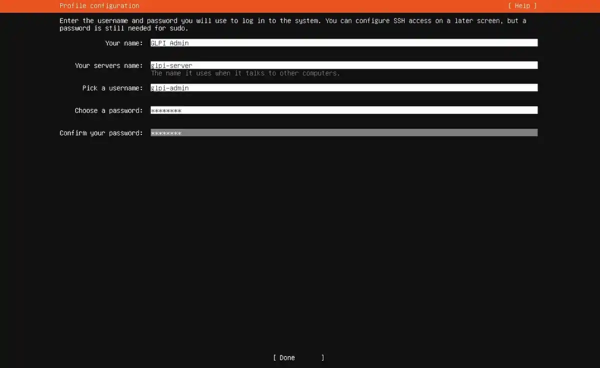 Sistem Kuşu Ubuntu Server kurulum rehberi; Profile configuration ekranında kullanıcı adı (glpi-admin), sunucu adı (glpi-server) ve şifre belirleme alanlarının doldurulması.