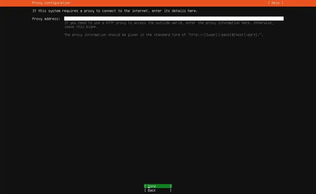 Sistem Kuşu Ubuntu Server kurulum rehberi; Proxy configuration ekranında HTTP proxy adres giriş alanı ve yapılandırma adımı.