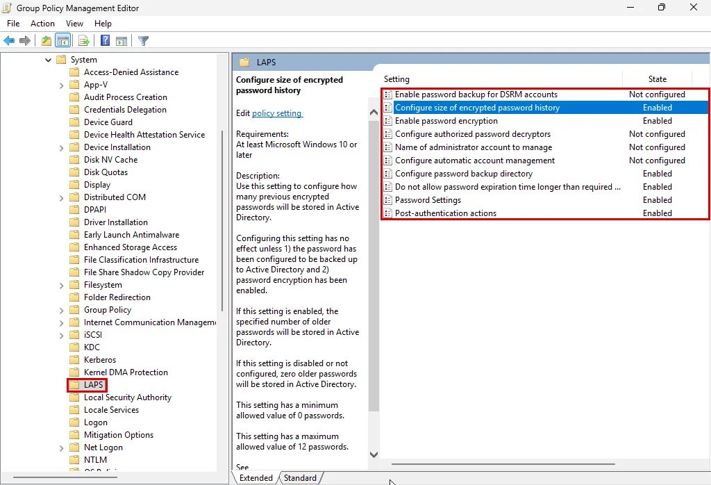LAPS GPO ayarları: Group Policy Management Editor'da System altındaki LAPS düğümü ve on LAPS ayarı kırmızı çerçevede, altısı Enabled