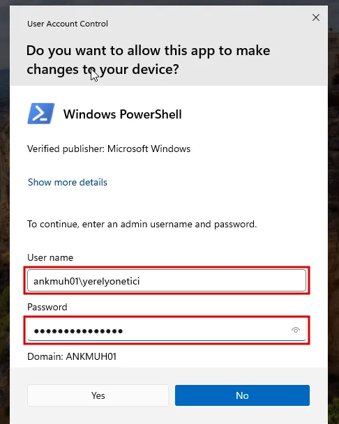 Windows 11 UAC penceresi: User name alanında ankmuh01\yerelyonetici, Password alanında noktalı LAPS parolası, altında Domain: ANKMUH01, iki alan kırmızı çerçevede