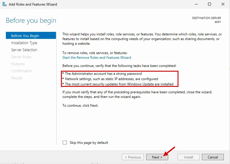 Add Roles and Features Wizard Before you begin sayfası: üç ön koşul kırmızı çerçevede, Next düğmesi okla gösteriliyor