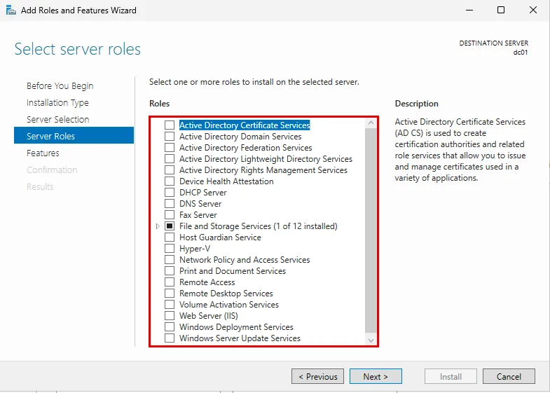 Select server roles sayfası: Active Directory Certificate Services'ten Windows Server Update Services'e kadar rol listesi kırmızı çerçevede