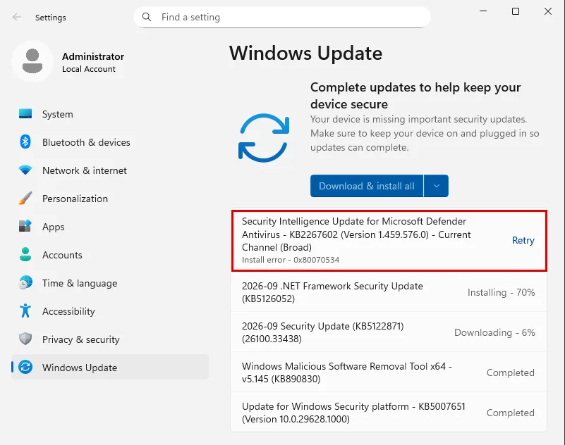 Windows Update listesinde Microsoft Defender Antivirus güvenlik zekâsı güncellemesi Install error 0x80070534 ile başarısız, satır kırmızı çerçevede