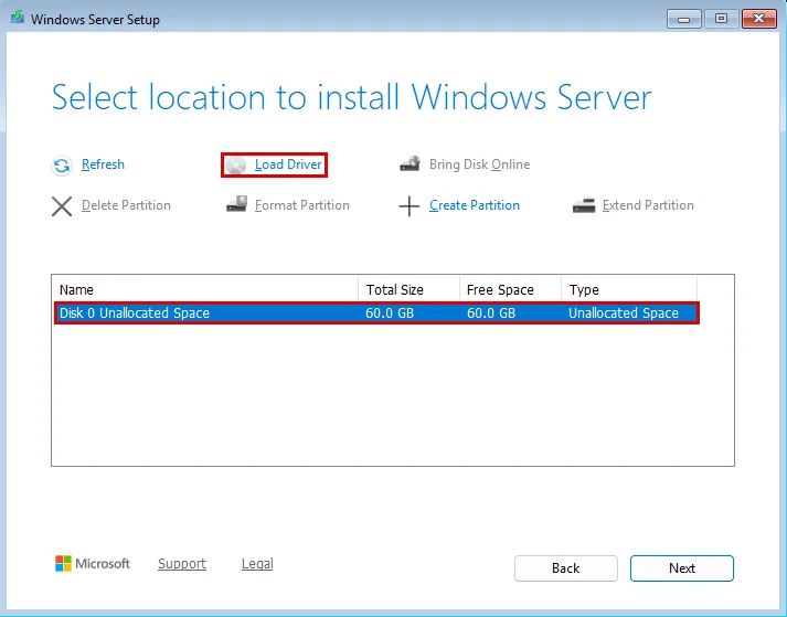Windows Server 2025 kurulum konumu sayfası: 60 GB Disk 0 satırı ve Load Driver bağlantısı kırmızı çerçevede