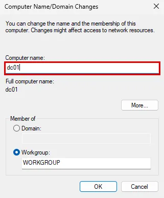 Computer Name/Domain Changes penceresi: Computer name alanına dc01 yazılmış ve kırmızı çerçevede