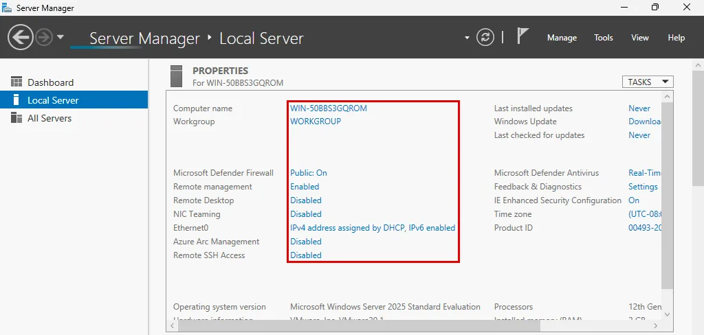 Server Manager Local Server özellikleri: rastgele bilgisayar adı, WORKGROUP, Public güvenlik duvarı, kapalı Remote Desktop ve DHCP adresi değerleri kırmızı çerçevede