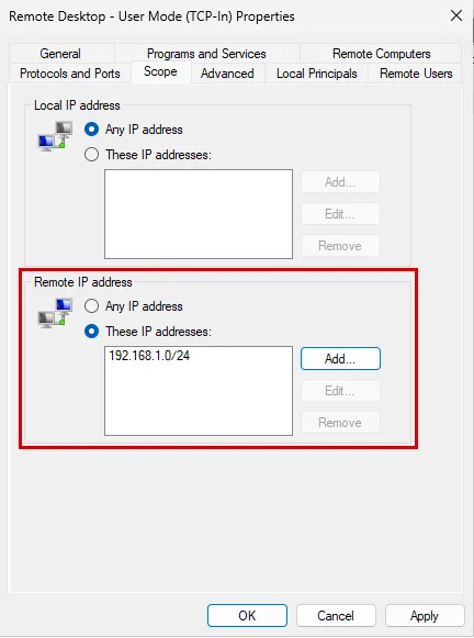 Remote Desktop - User Mode (TCP-In) kuralı Scope sekmesi: Remote IP address altında These IP addresses seçili ve 192.168.1.0/24 ekli, bölüm kırmızı çerçevede