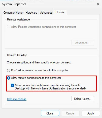 System Properties Remote sekmesi: Allow remote connections seçili ve Network Level Authentication kutusu işaretli, ikisi de kırmızı çerçevede
