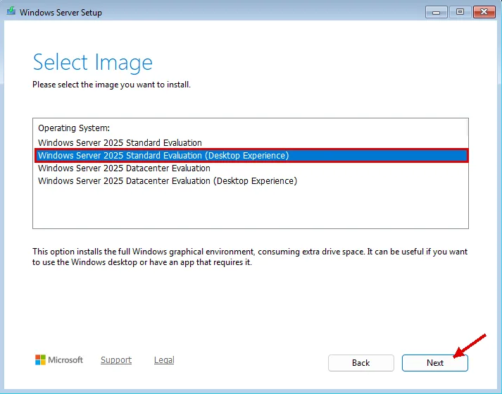 Windows Server 2025 Select Image sayfası: Standard Evaluation (Desktop Experience) satırı kırmızı çerçevede seçili