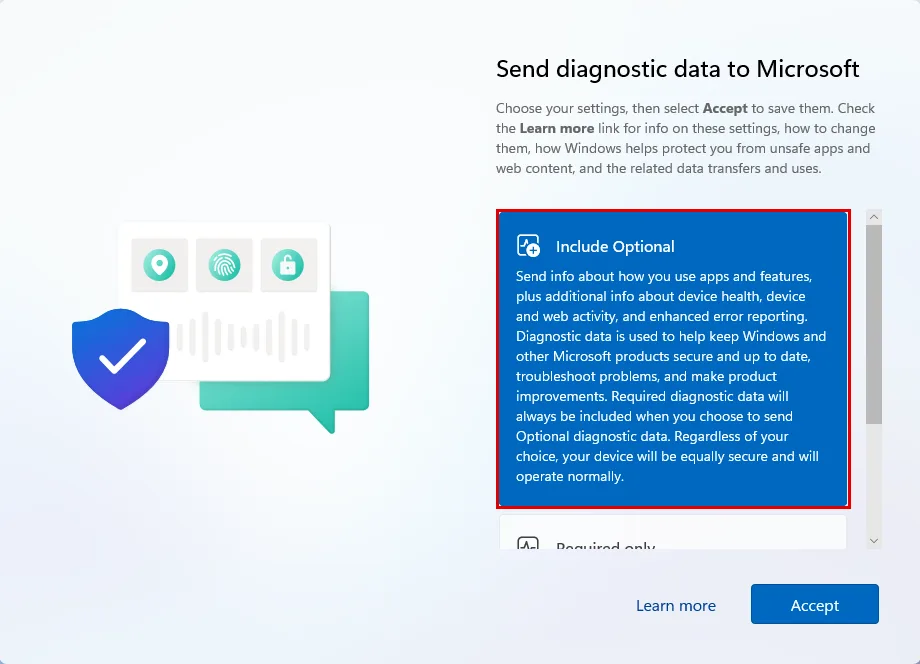 Send diagnostic data to Microsoft ekranı: Include Optional seçeneği varsayılan olarak seçili ve kırmızı çerçevede