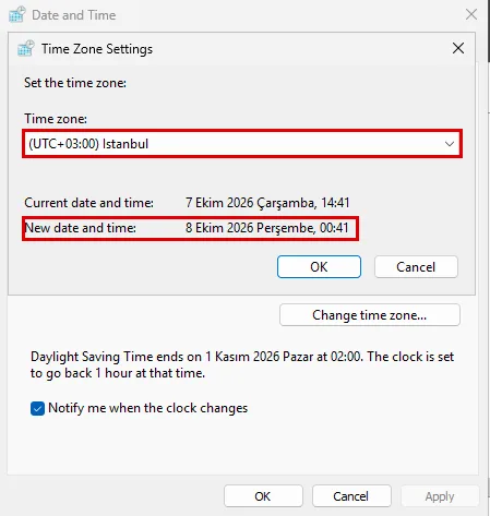 Time Zone Settings penceresi: (UTC+03:00) Istanbul seçili, New date and time satırı 8 Ekim 2026 Perşembe 00:41 gösteriyor, ikisi de kırmızı çerçevede