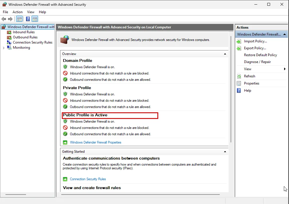 Windows Defender Firewall with Advanced Security genel görünümü: Domain, Private ve Public profilleri, Public Profile is Active satırı kırmızı çerçevede