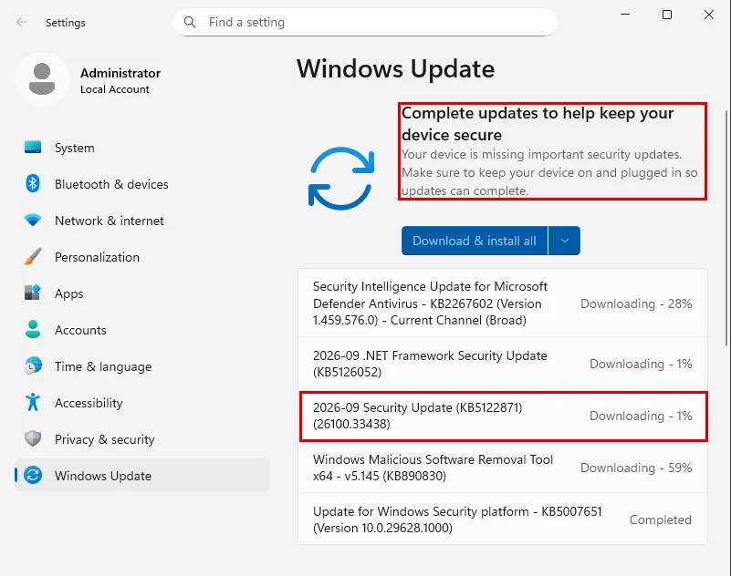 Check for updates sonrası Windows Update: missing important security updates uyarısı ve 2026-09 Security Update KB5122871 satırı kırmızı çerçevede