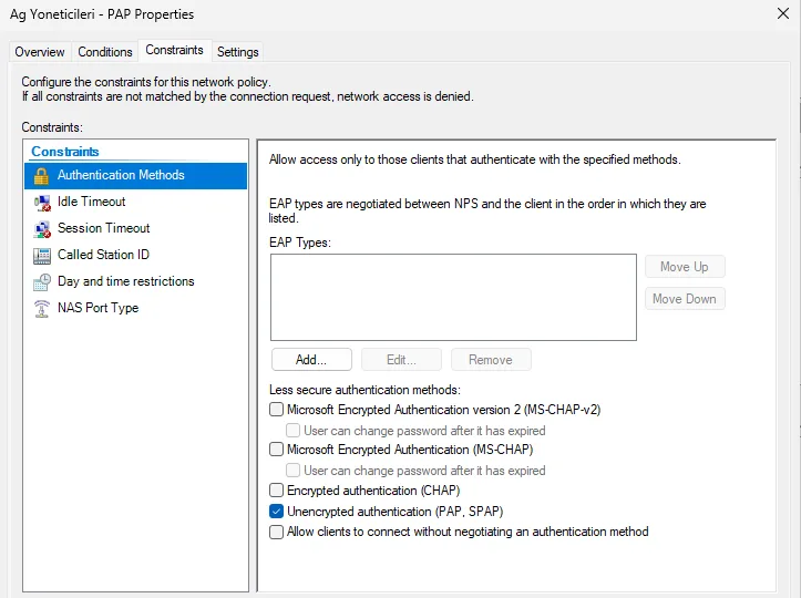 NPS network policy'de Constraints sekmesi, Authentication Methods: yalnız 'Unencrypted authentication (PAP, SPAP)' işaretli