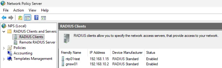 NPS konsolunda RADIUS Clients listesi: ntp01-test ve gmsw01 istemcileri, IP adresleri ve Enabled durumu